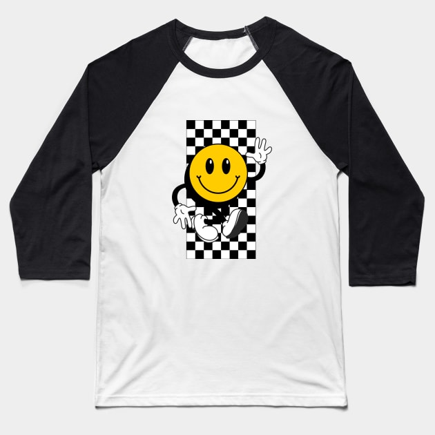 Retro Smile Face Chess Black White Baseball T-Shirt by stefaniebelinda